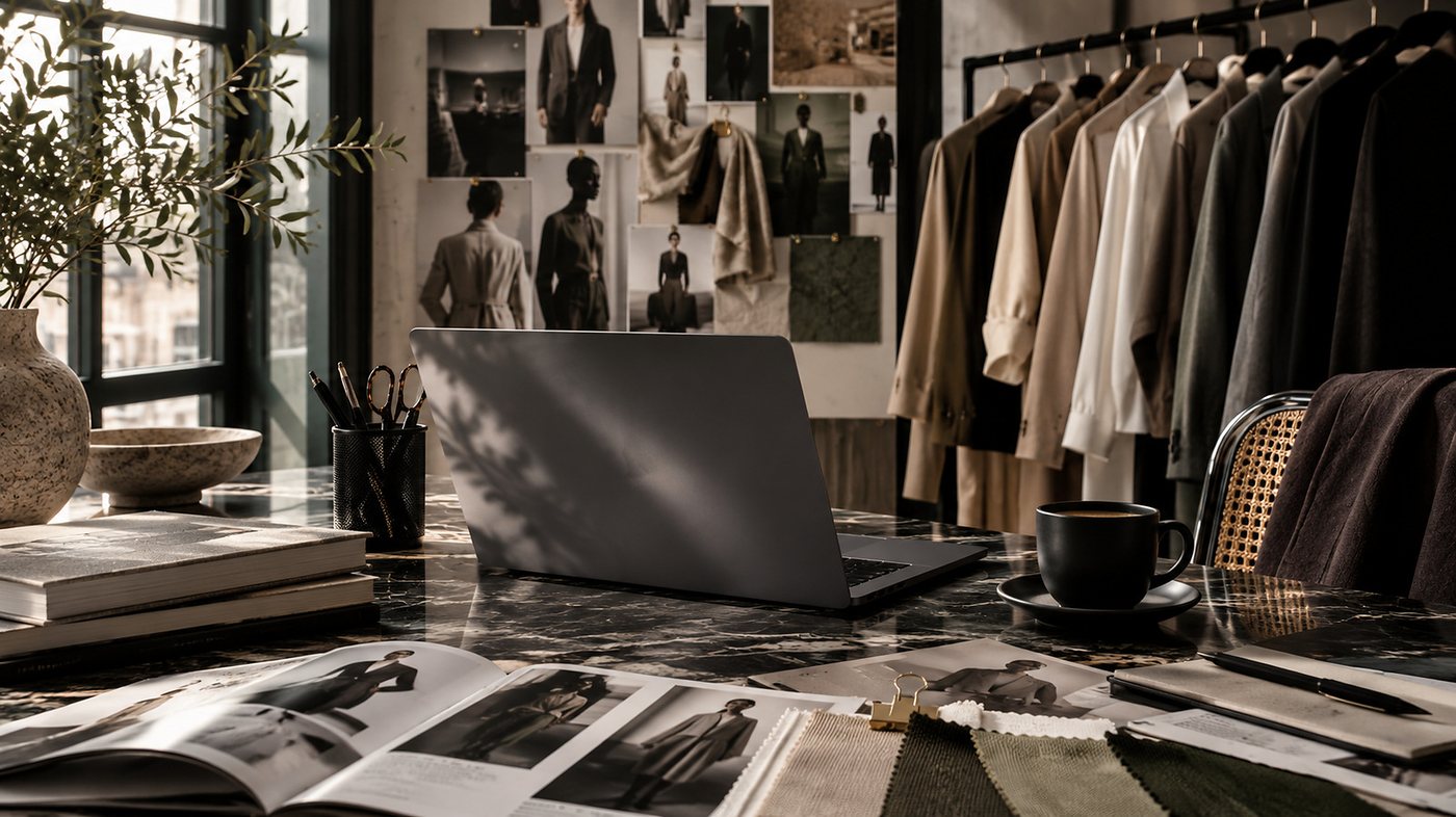 Design studio desk with lookbooks, fabric swatches and a garment rail